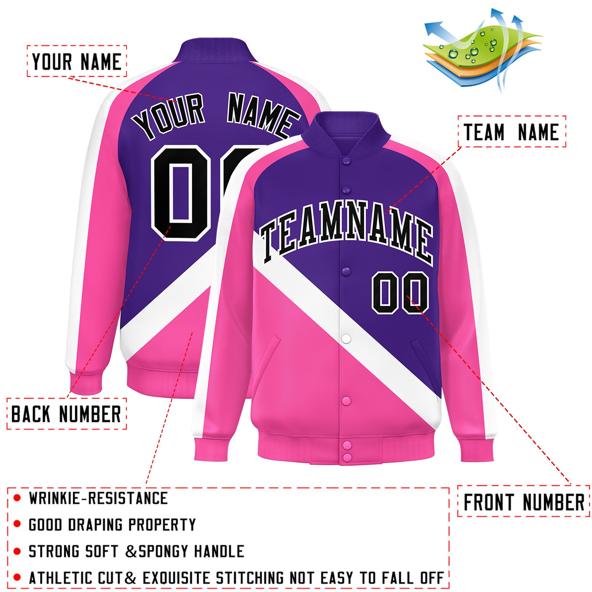 Custom Purple Pink Raglan Sleeves Varsity Full-Snap Letterman Baseball Jacket