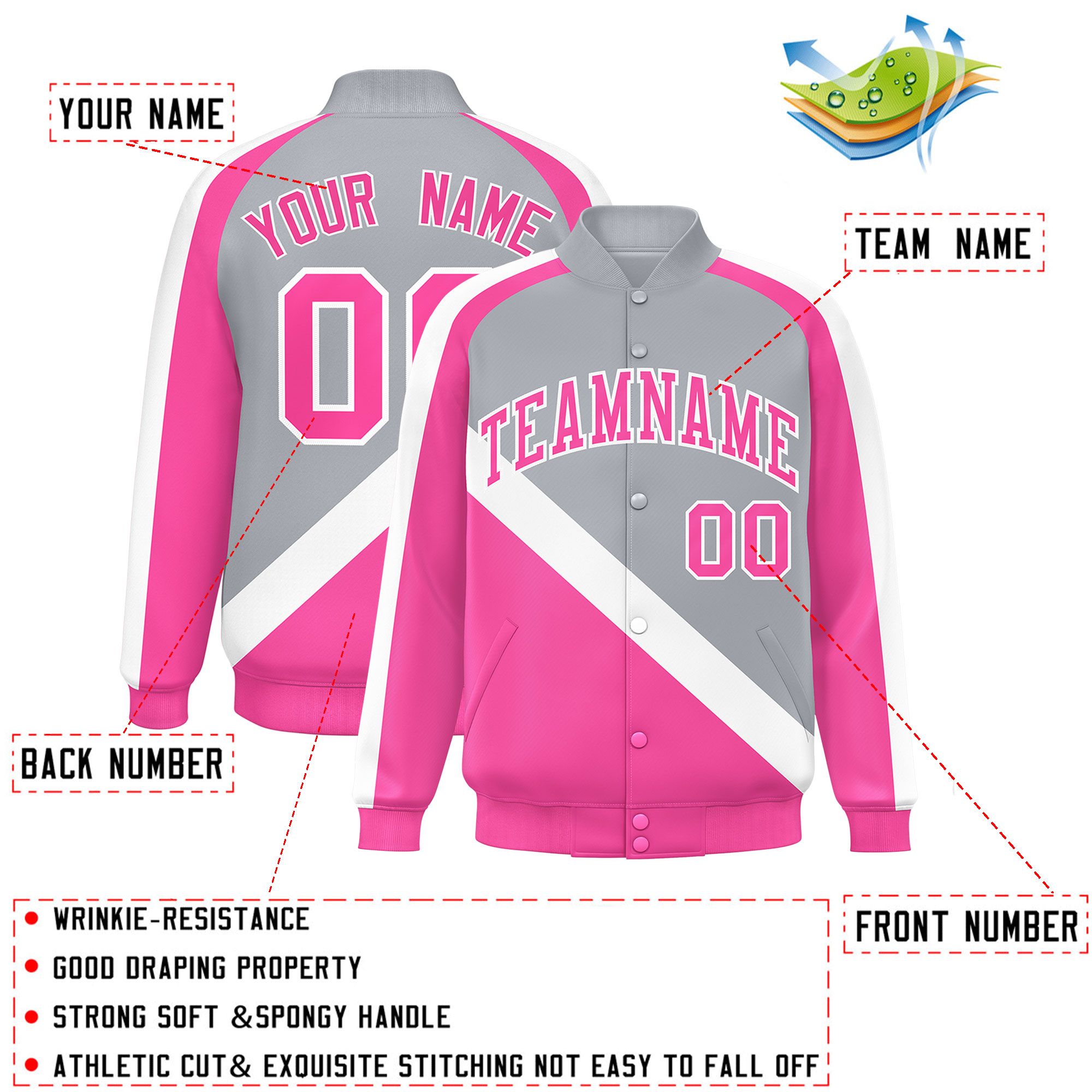 Custom Gray Pink Raglan Sleeves Varsity Full-Snap Letterman Baseball Jacket