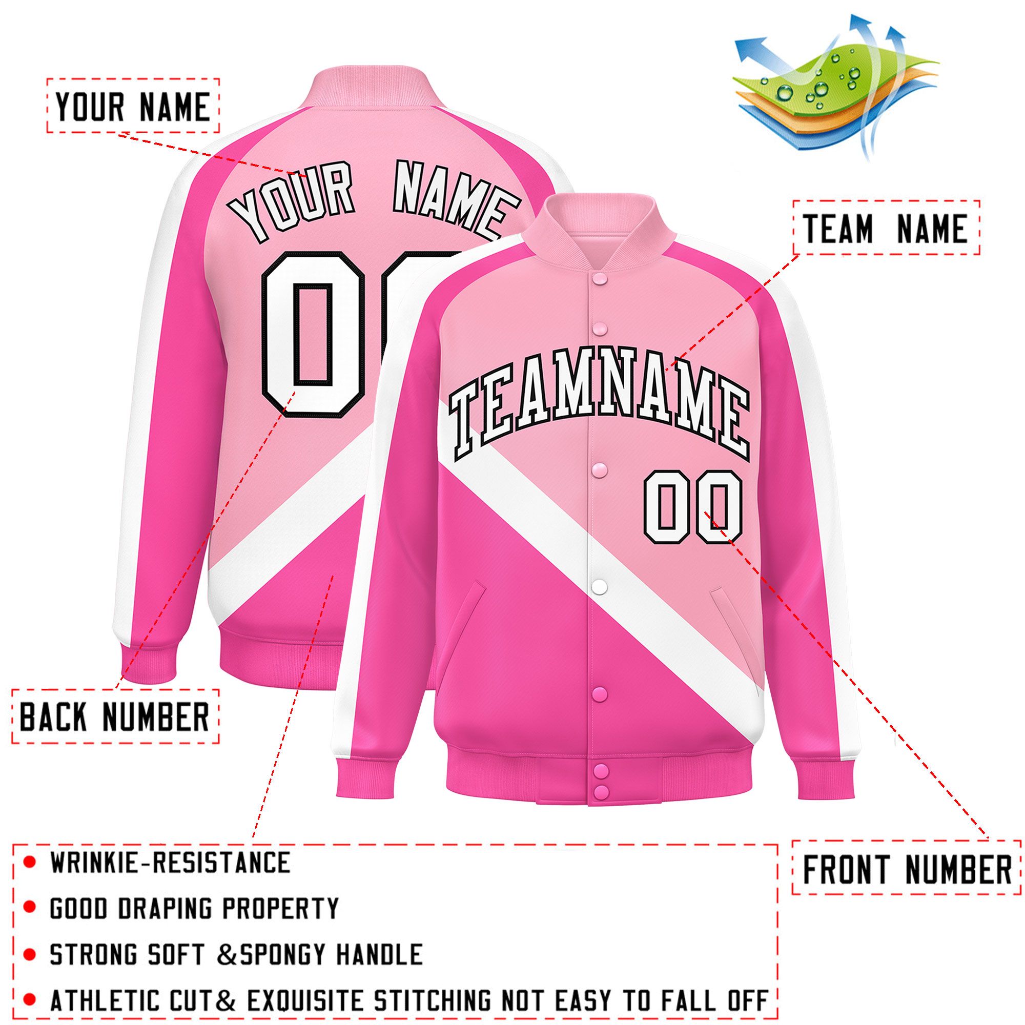 Custom Light Pink Pink Raglan Sleeves Varsity Full-Snap Letterman Baseball Jacket