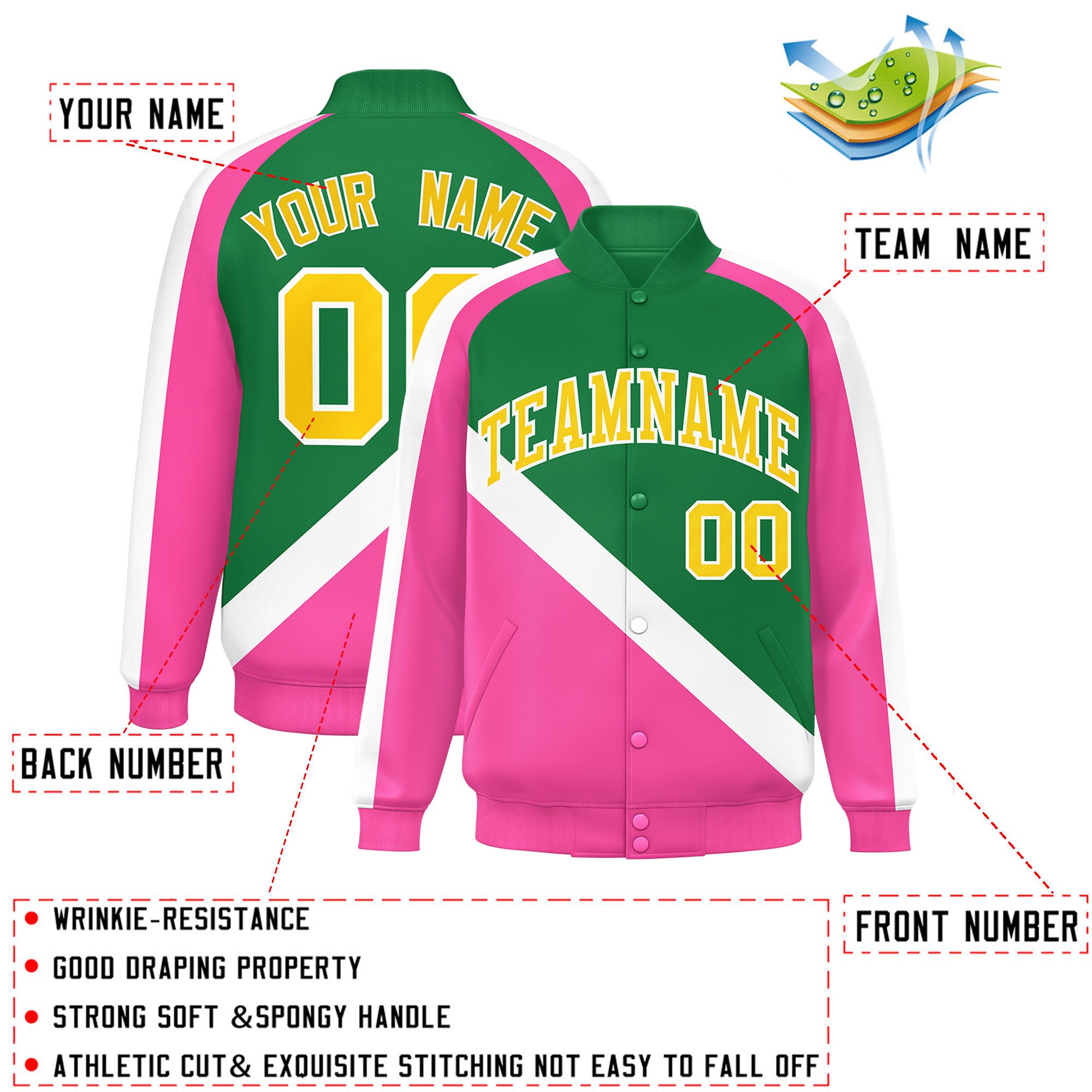 Custom Kelly Green Pink Raglan Sleeves Varsity Full-Snap Letterman Baseball Jacket