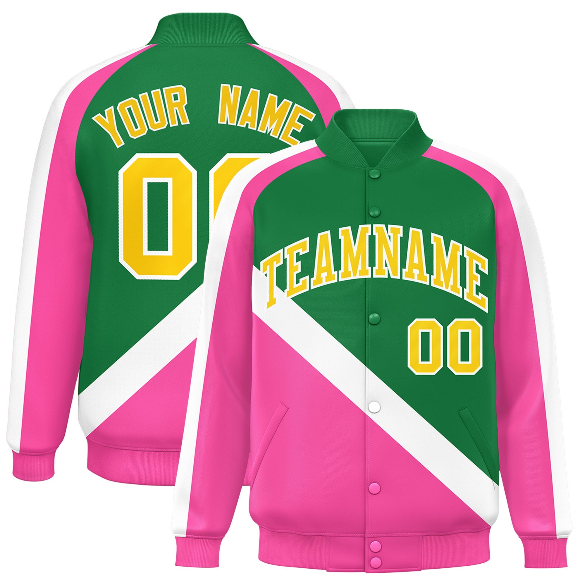 Custom Kelly Green Pink Raglan Sleeves Varsity Full-Snap Letterman Baseball Jacket