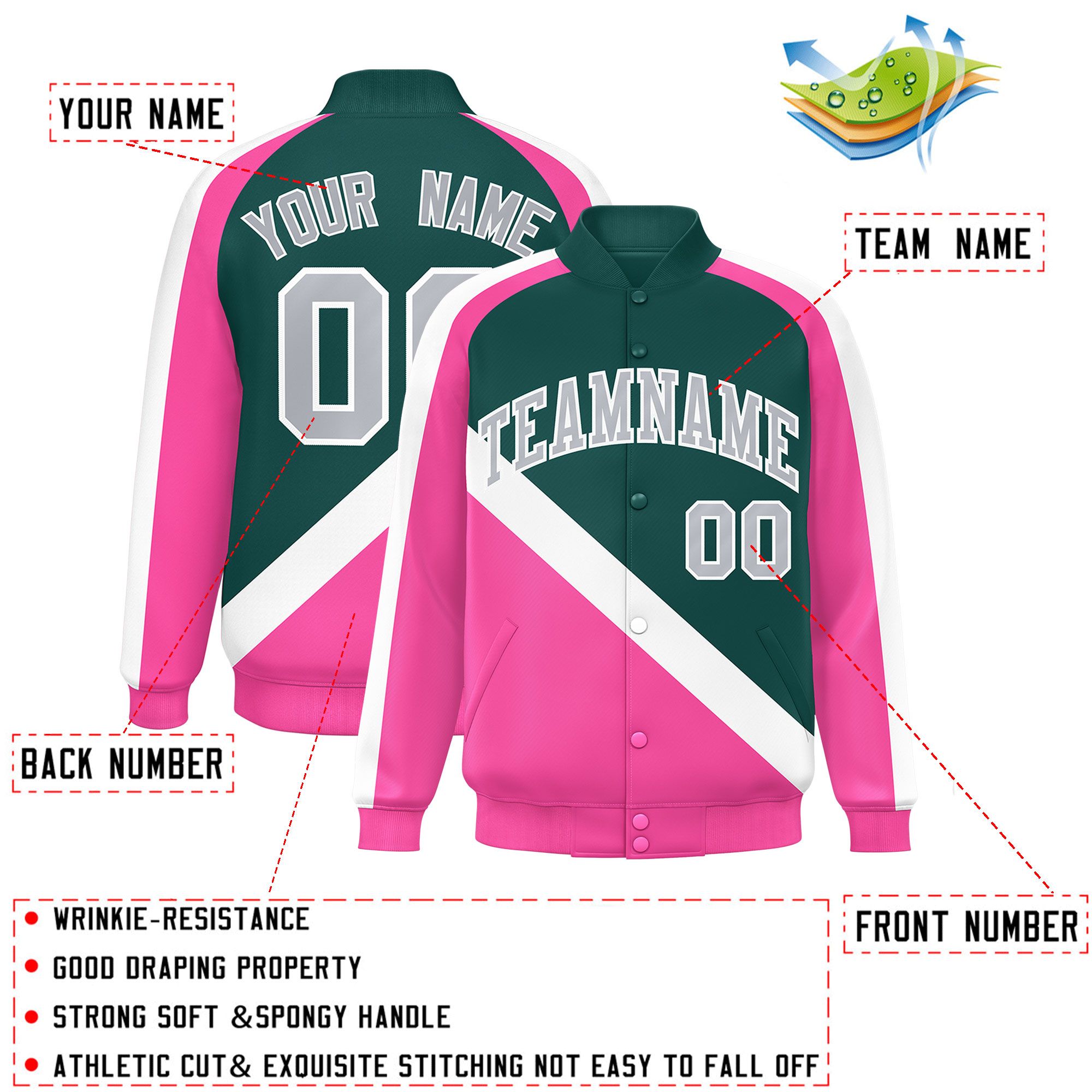 Custom Midnight Green Pink Raglan Sleeves Varsity Full-Snap Letterman Baseball Jacket