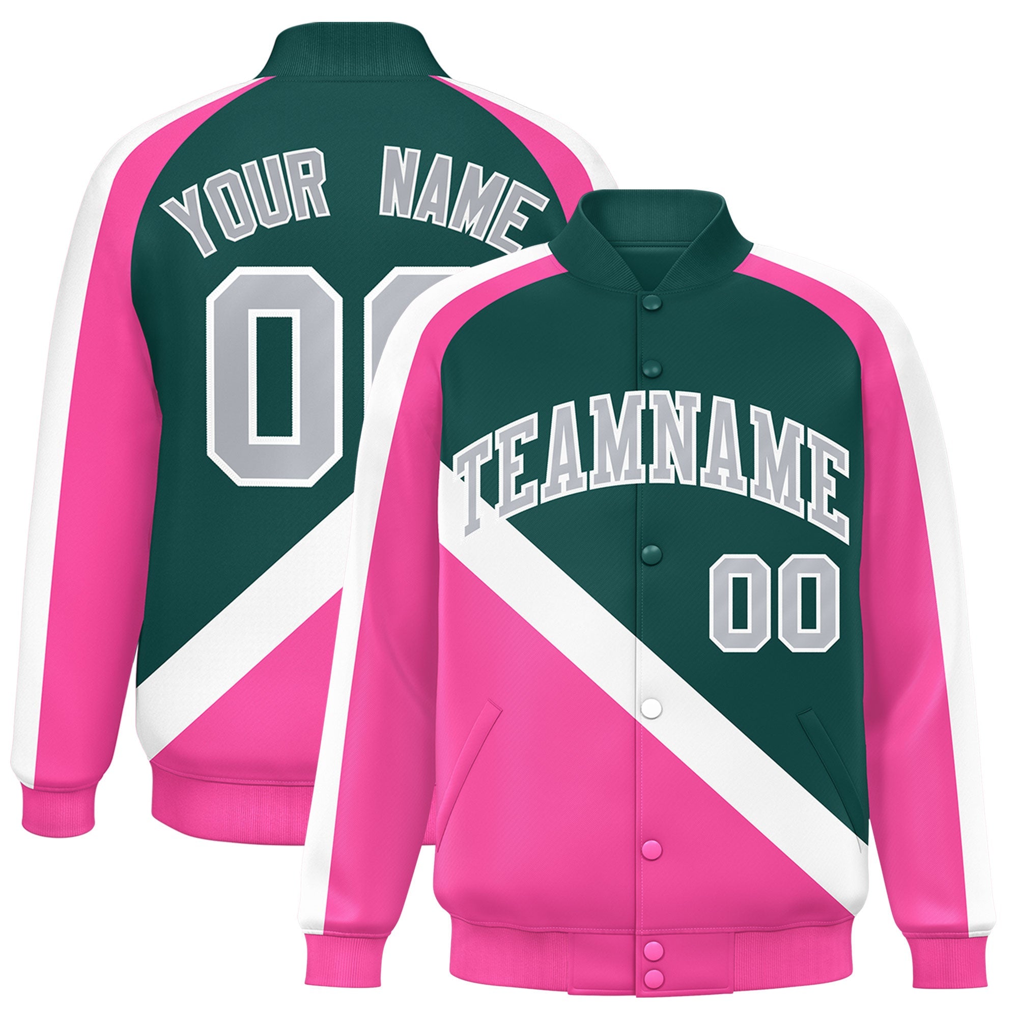 Custom Midnight Green Pink Raglan Sleeves Varsity Full-Snap Letterman Baseball Jacket