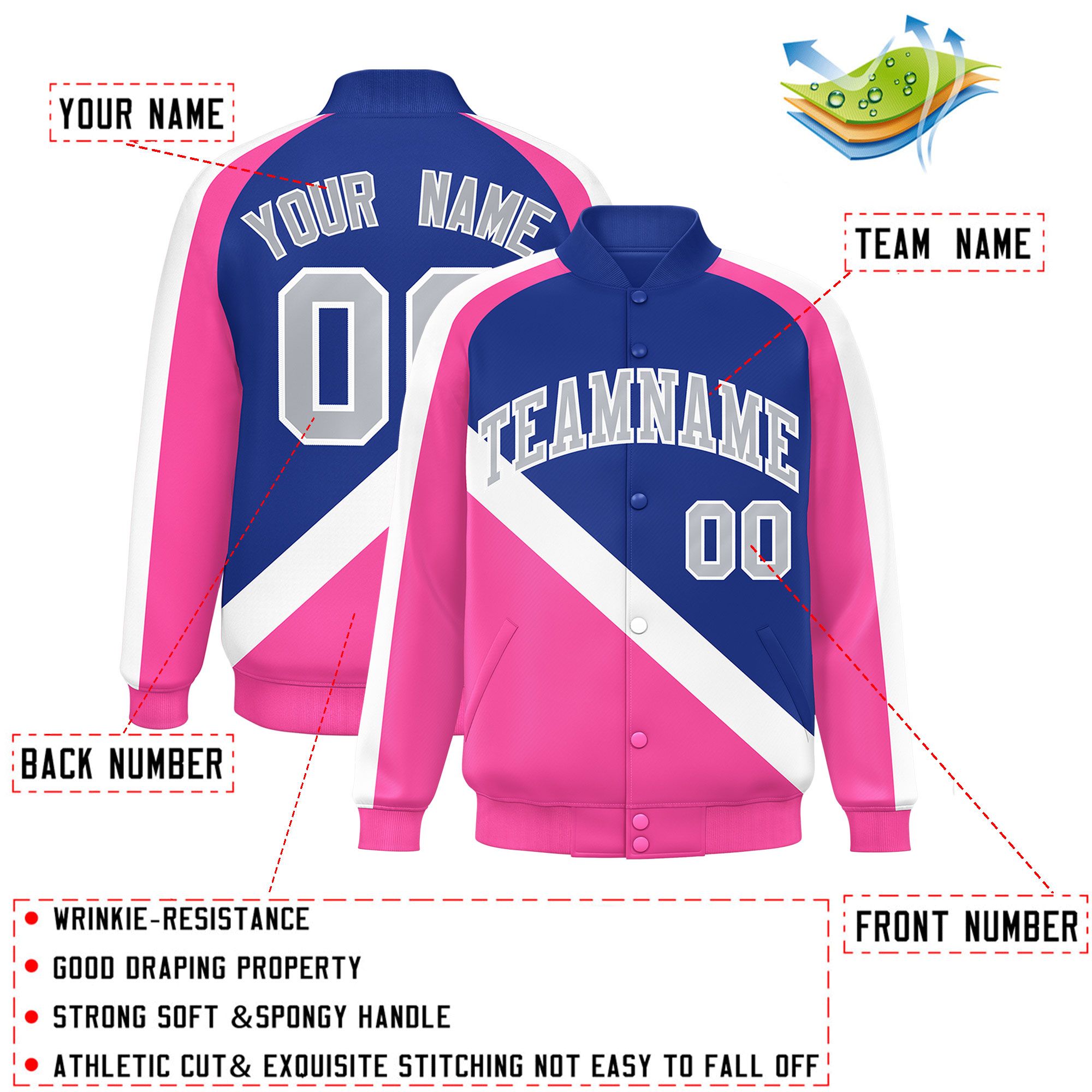 Custom Royal Pink Raglan Sleeves Varsity Full-Snap Letterman Baseball Jacket