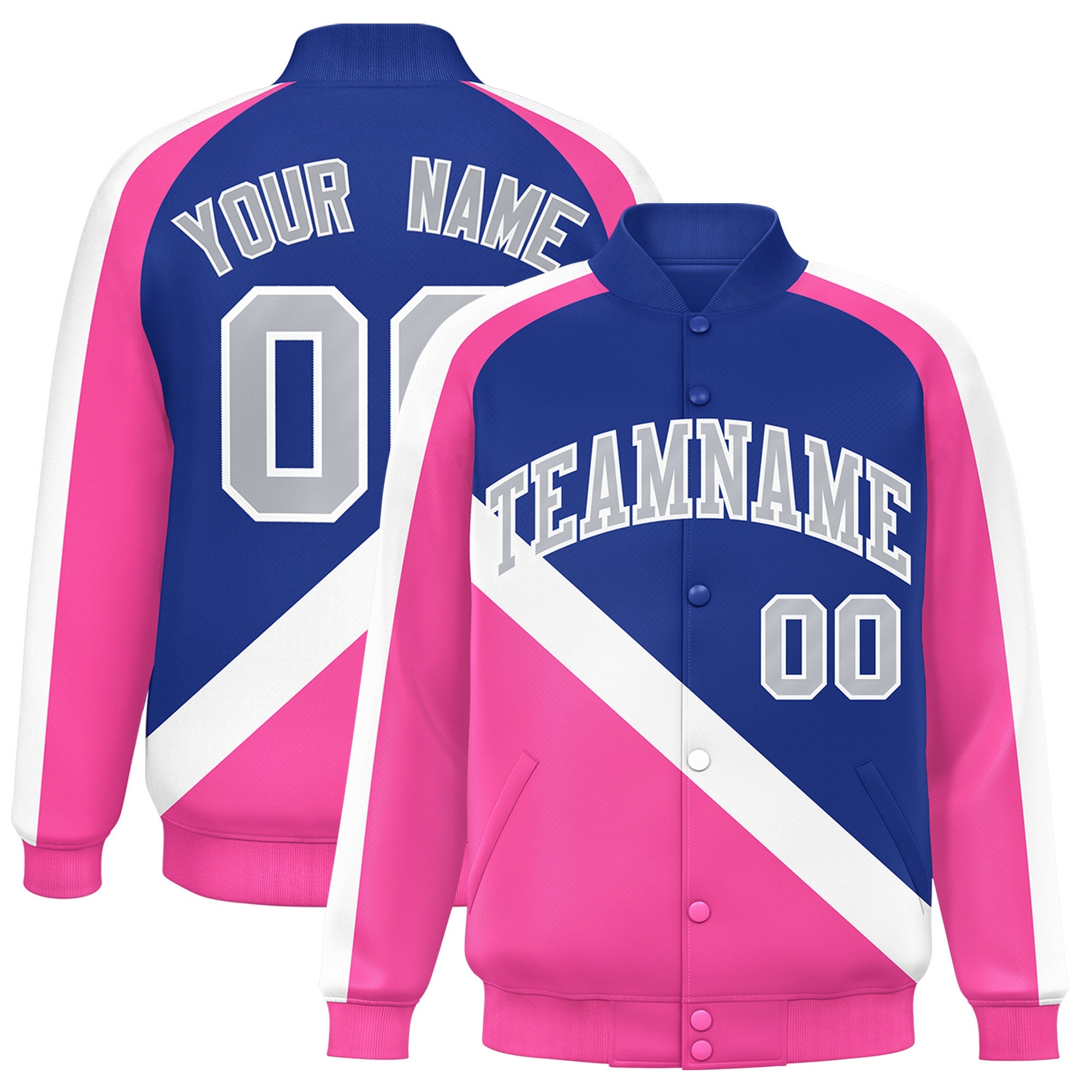 Custom Royal Pink Raglan Sleeves Varsity Full-Snap Letterman Baseball Jacket