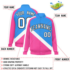 Custom Powder Blue Pink Raglan Sleeves Varsity Full-Snap Letterman Baseball Jacket