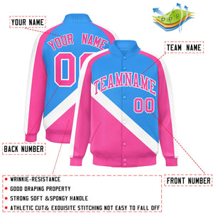 Custom Powder Blue Pink Raglan Sleeves Varsity Full-Snap Letterman Baseball Jacket