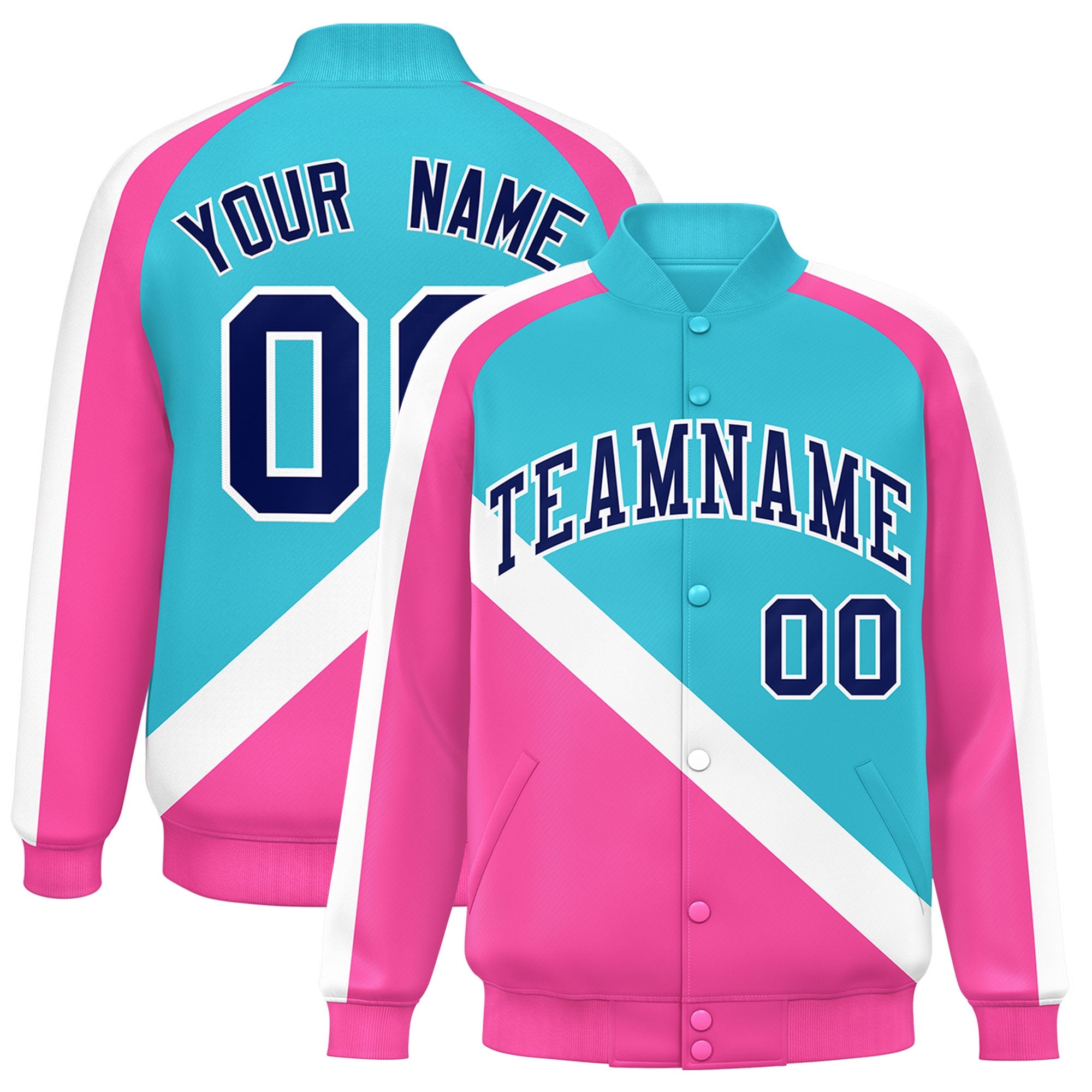 Custom Sky Blue Pink Raglan Sleeves Varsity Full-Snap Letterman Baseball Jacket