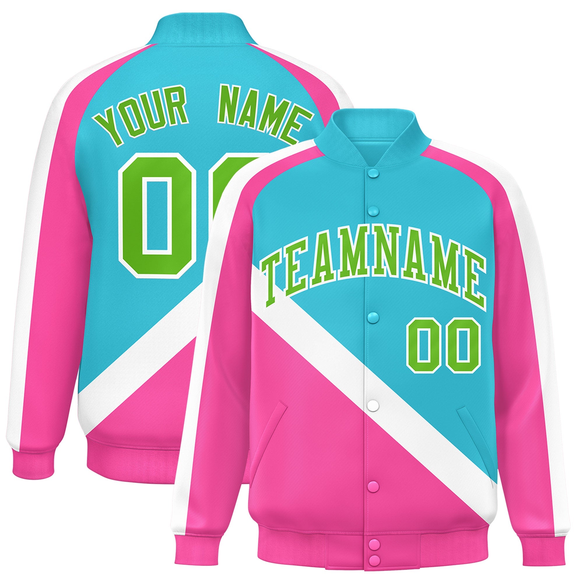 Custom Sky Blue Pink Raglan Sleeves Varsity Full-Snap Letterman Baseball Jacket