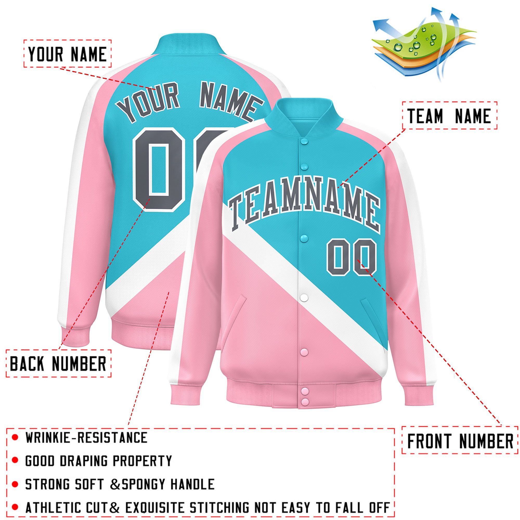 Custom Sky Blue Light Pink Raglan Sleeves Varsity Full-Snap Letterman Baseball Jacket