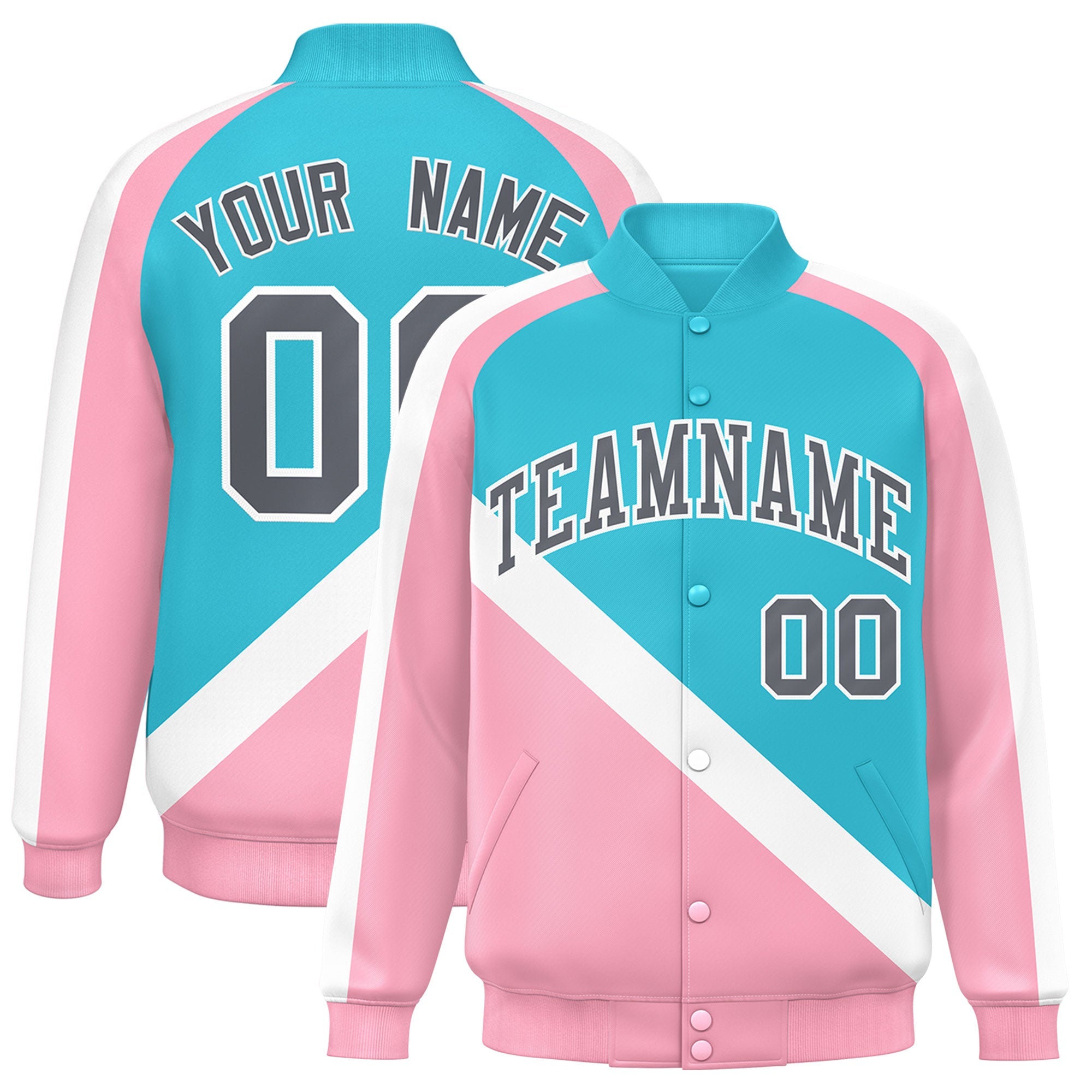 Custom Sky Blue Light Pink Raglan Sleeves Varsity Full-Snap Letterman Baseball Jacket