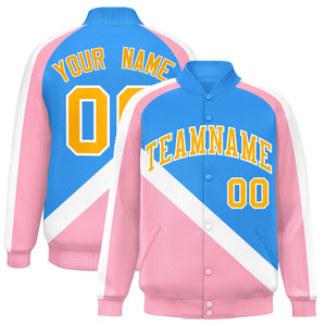 Custom Powder Blue Light Pink Raglan Sleeves Varsity Full-Snap Letterman Baseball Jacket