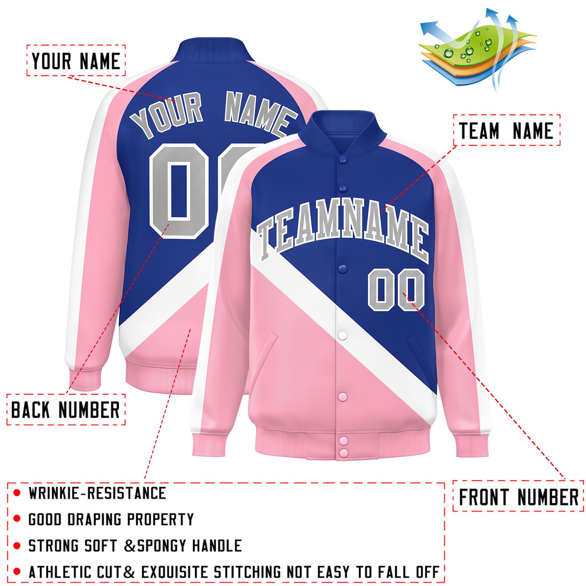 Custom Royal Light Pink Raglan Sleeves Varsity Full-Snap Letterman Baseball Jacket