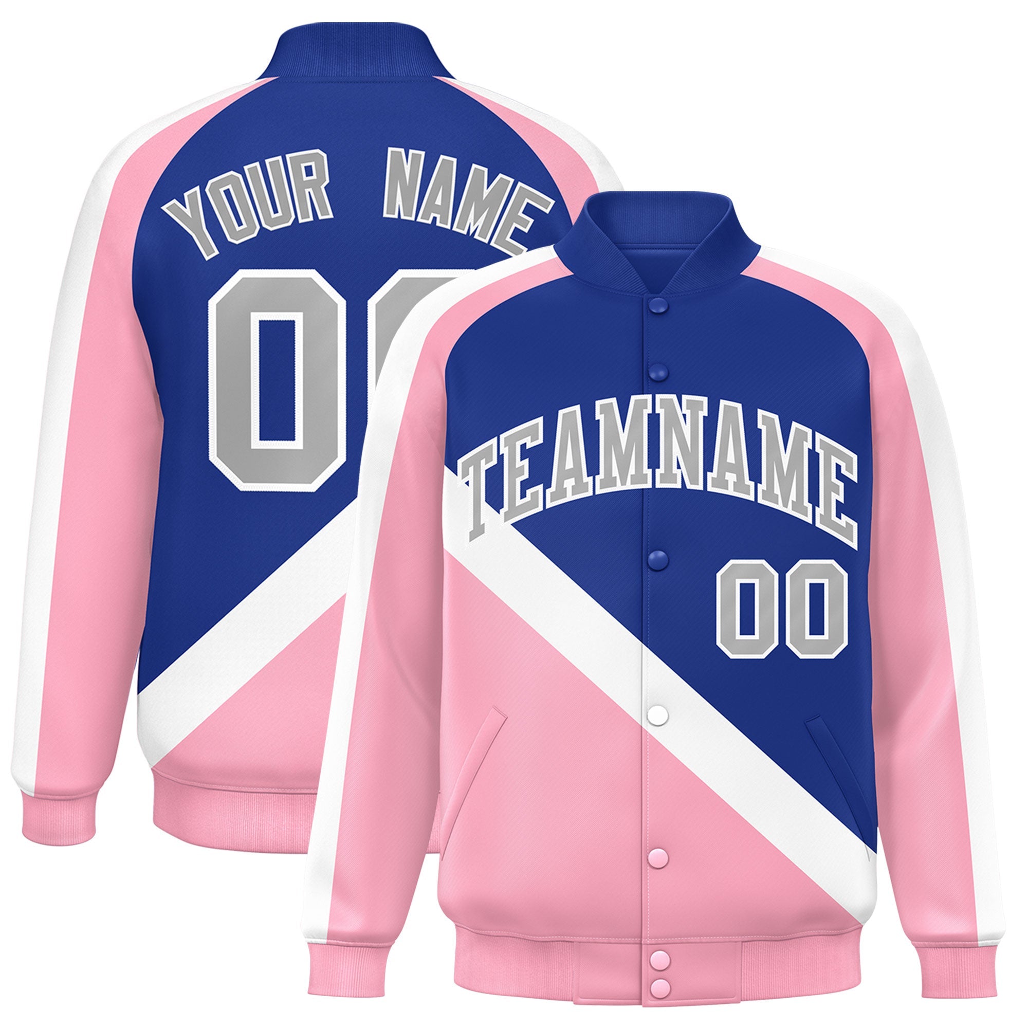 Custom Royal Light Pink Raglan Sleeves Varsity Full-Snap Letterman Baseball Jacket