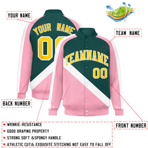 Custom Midnight Green Light Pink Raglan Sleeves Varsity Full-Snap Letterman Baseball Jacket