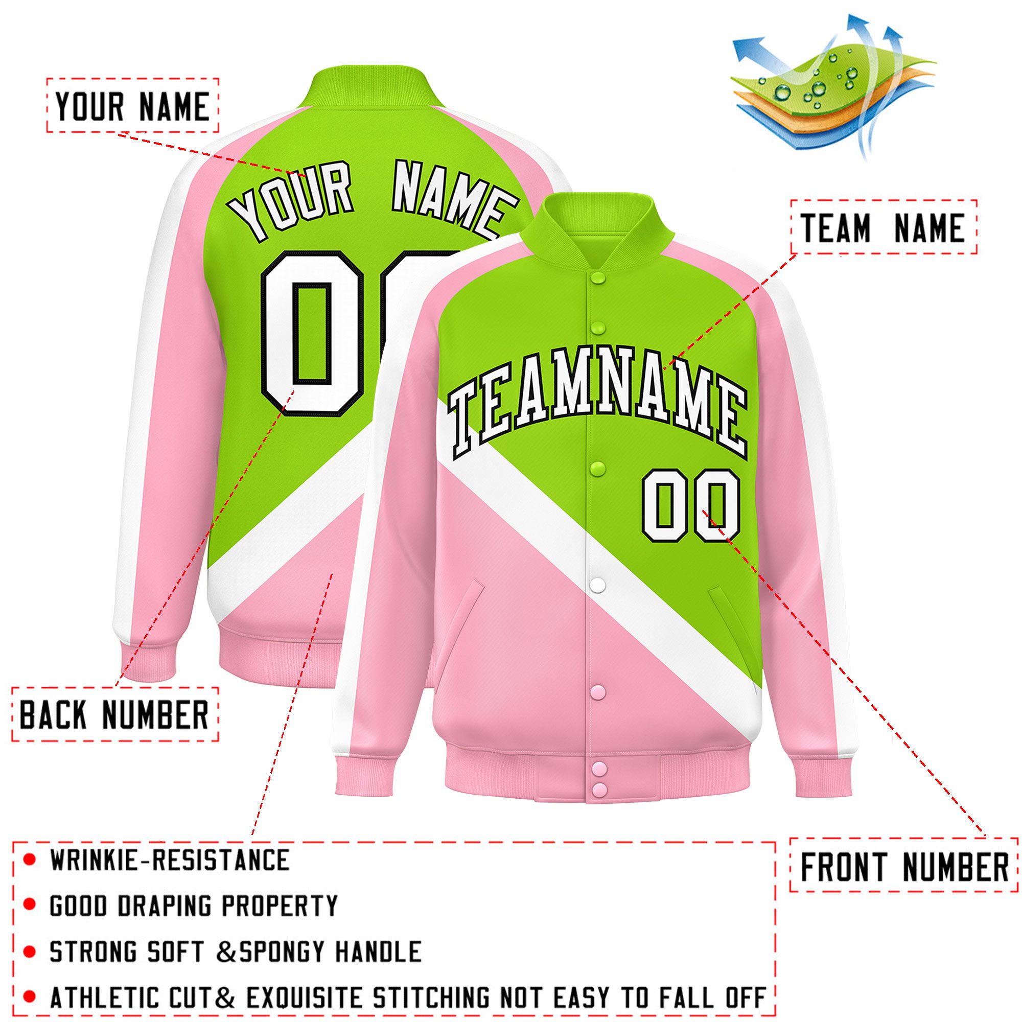 Custom Neon Green Light Pink Raglan Sleeves Varsity Full-Snap Letterman Baseball Jacket