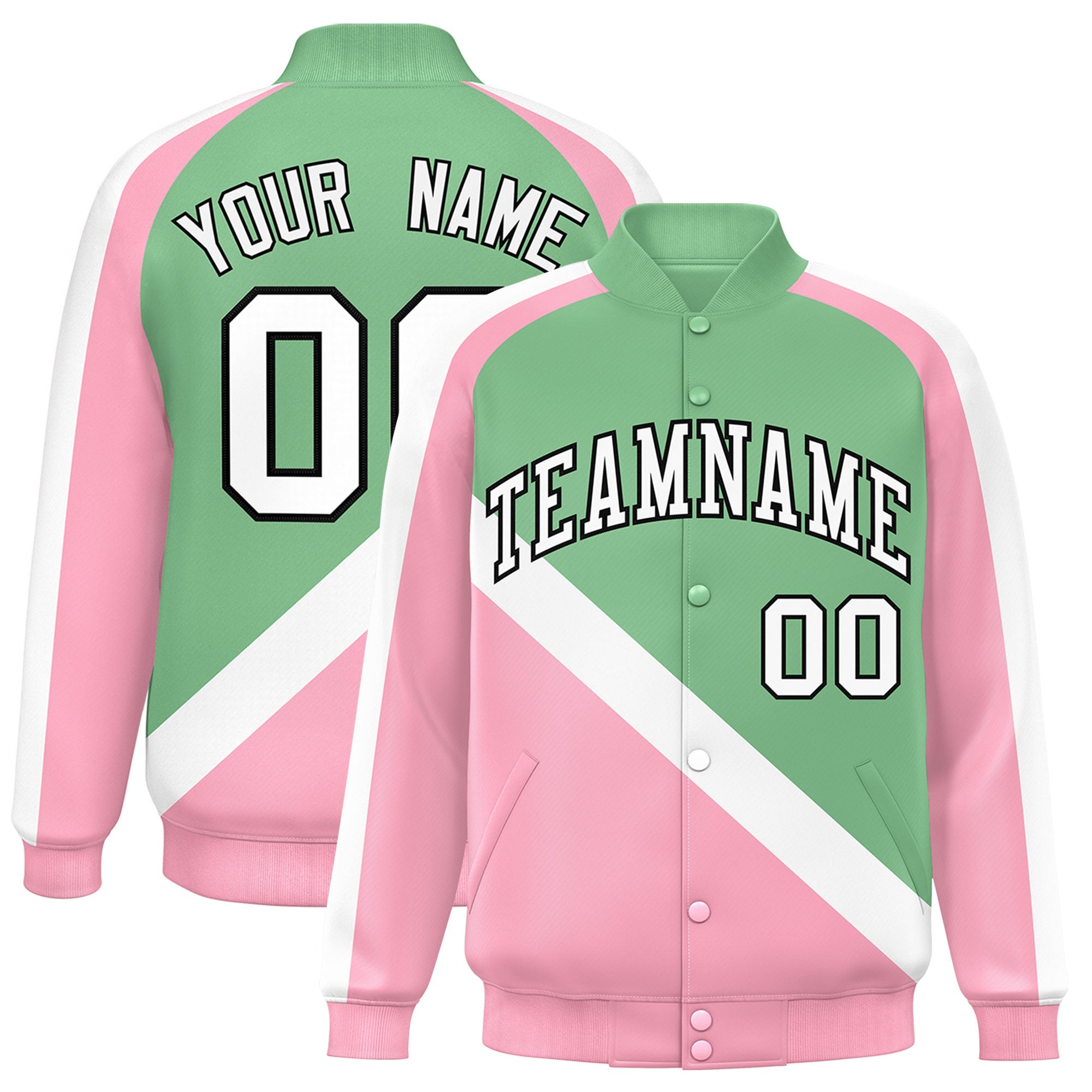 Custom Green Light Pink Raglan Sleeves Varsity Full-Snap Letterman Baseball Jacket