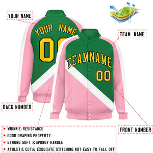 Custom Kelly Green Light Pink Raglan Sleeves Varsity Full-Snap Letterman Baseball Jacket