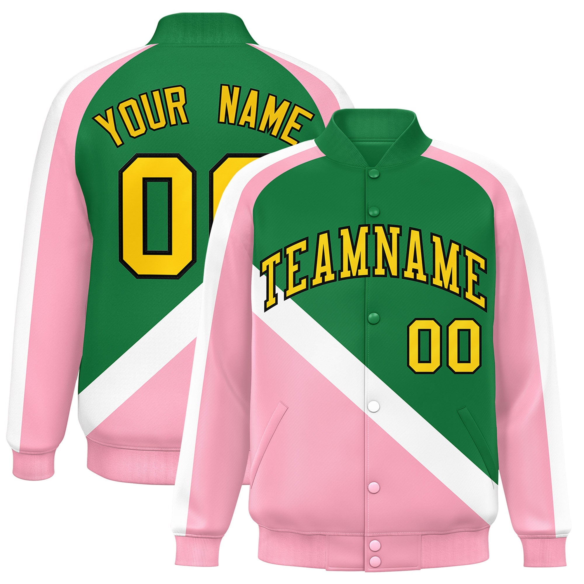 Custom Kelly Green Light Pink Raglan Sleeves Varsity Full-Snap Letterman Baseball Jacket