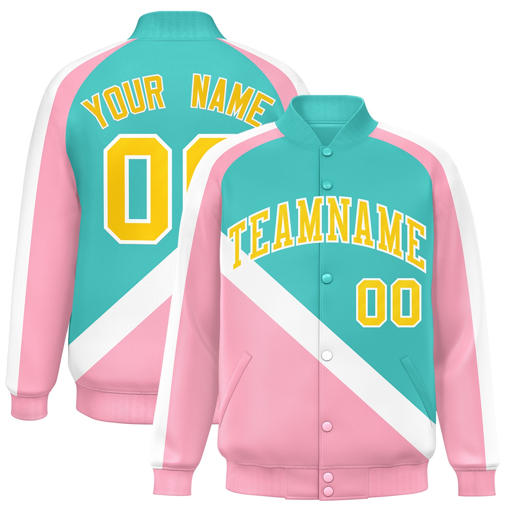 Custom Bright Green Light Pink Raglan Sleeves Varsity Full-Snap Letterman Baseball Jacket