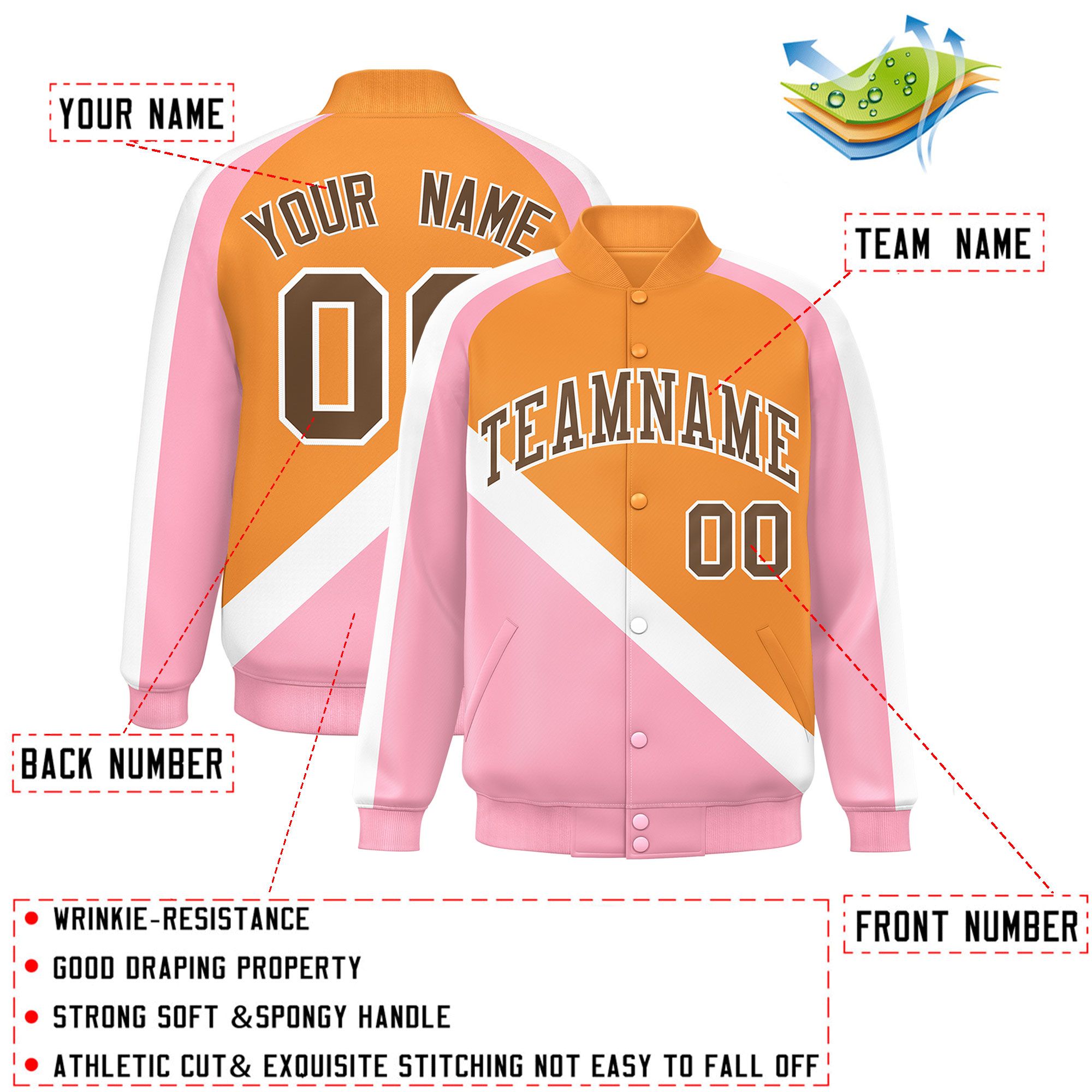 Custom Orange Light Pink Raglan Sleeves Varsity Full-Snap Letterman Baseball Jacket