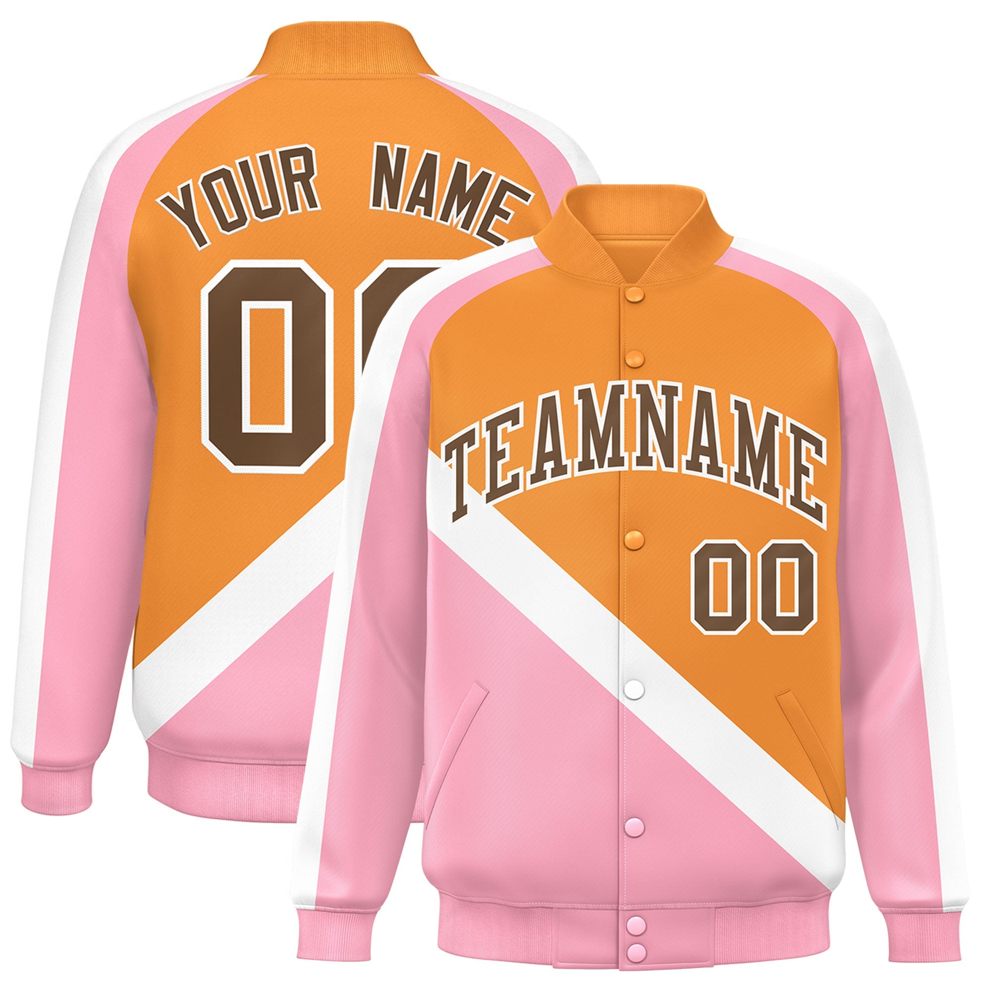 Custom Orange Light Pink Raglan Sleeves Varsity Full-Snap Letterman Baseball Jacket