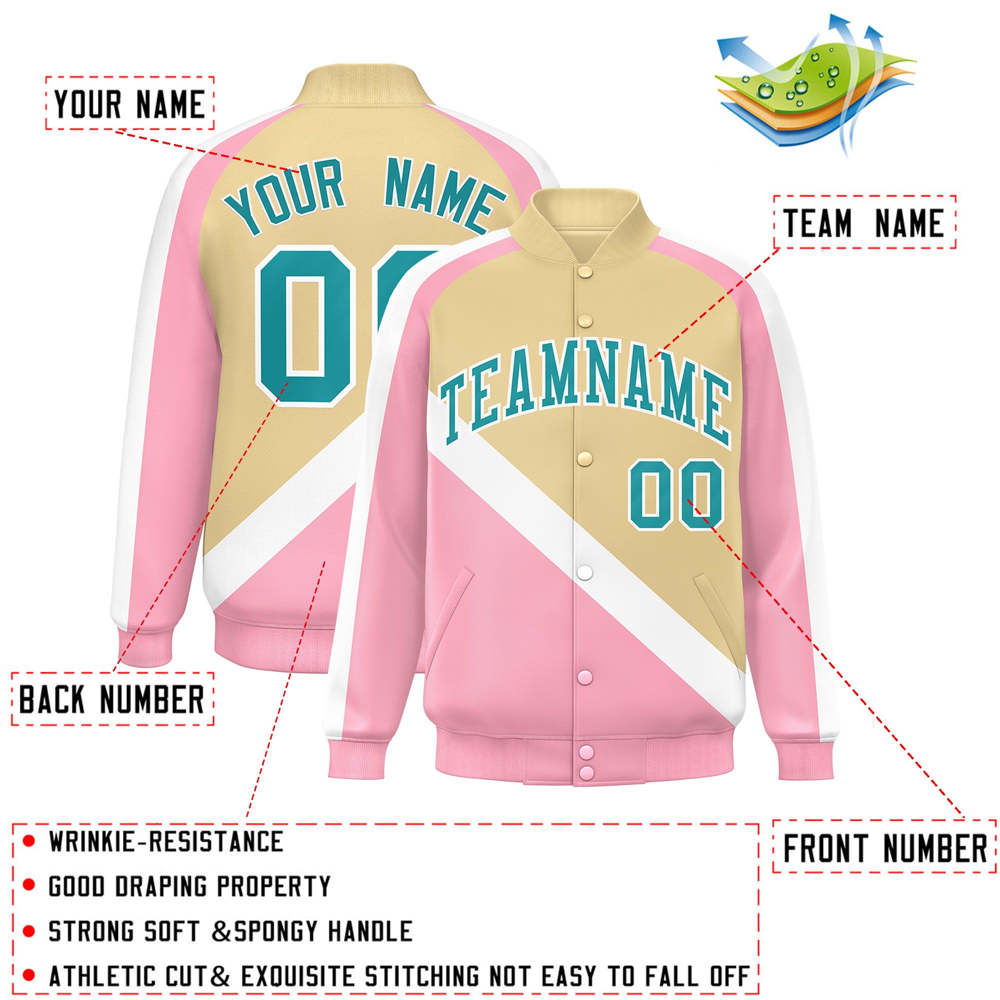 Custom Khaki Light Pink Raglan Sleeves Varsity Full-Snap Letterman Baseball Jacket