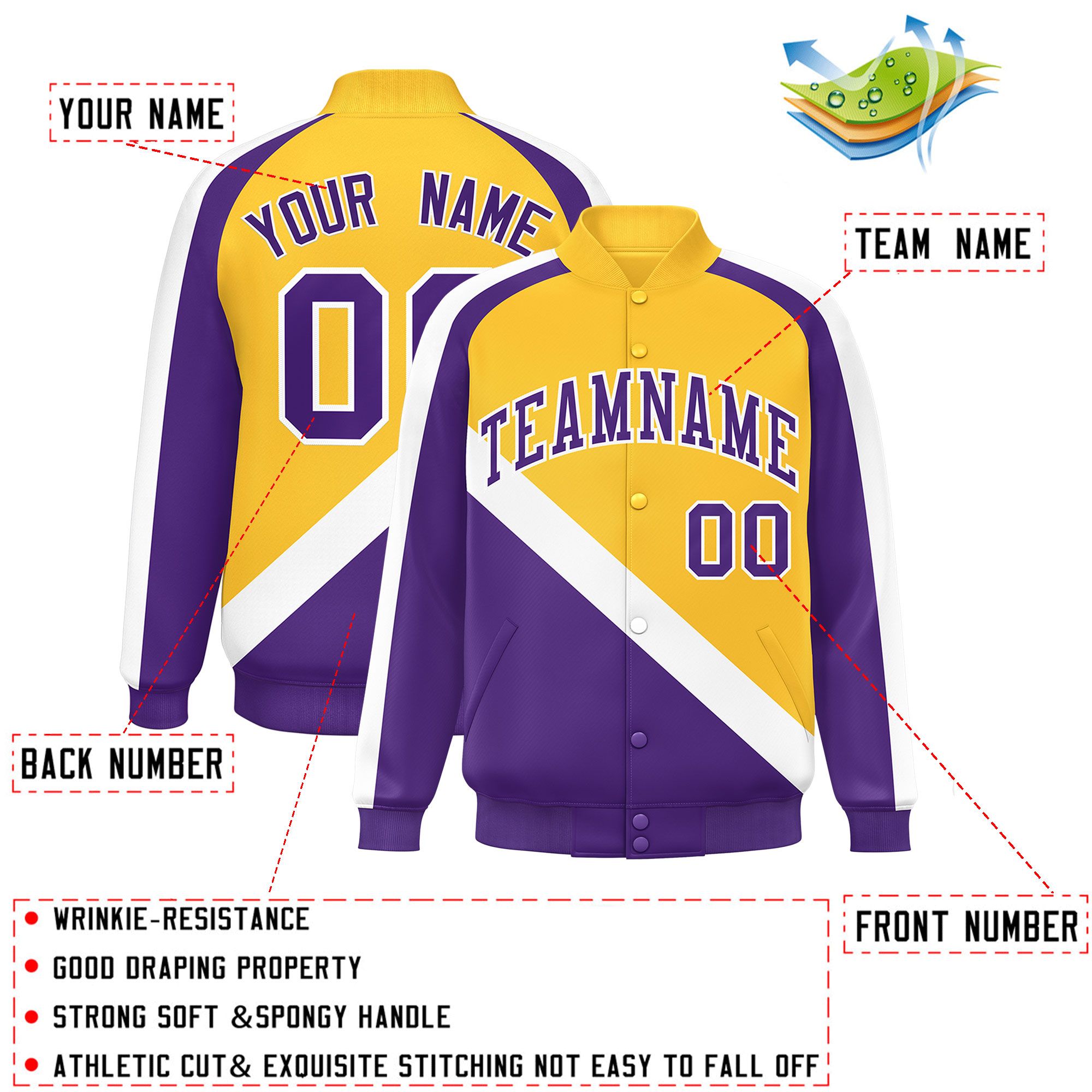 Custom Gold Purple Raglan Sleeves Varsity Full-Snap Letterman Baseball Jacket