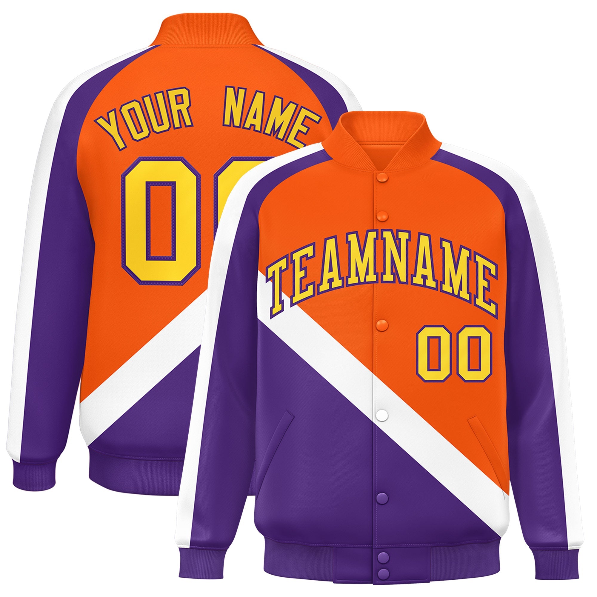 Custom Orange Purple Raglan Sleeves Varsity Full-Snap Letterman Baseball Jacket