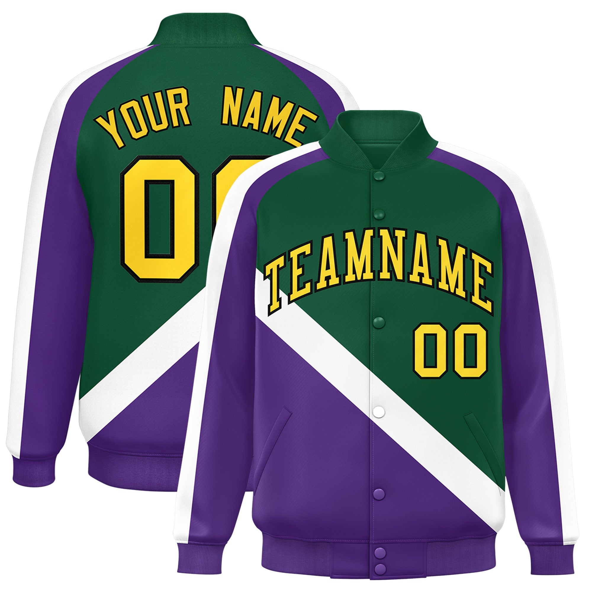 Custom Green Purple Raglan Sleeves Varsity Full-Snap Letterman Baseball Jacket