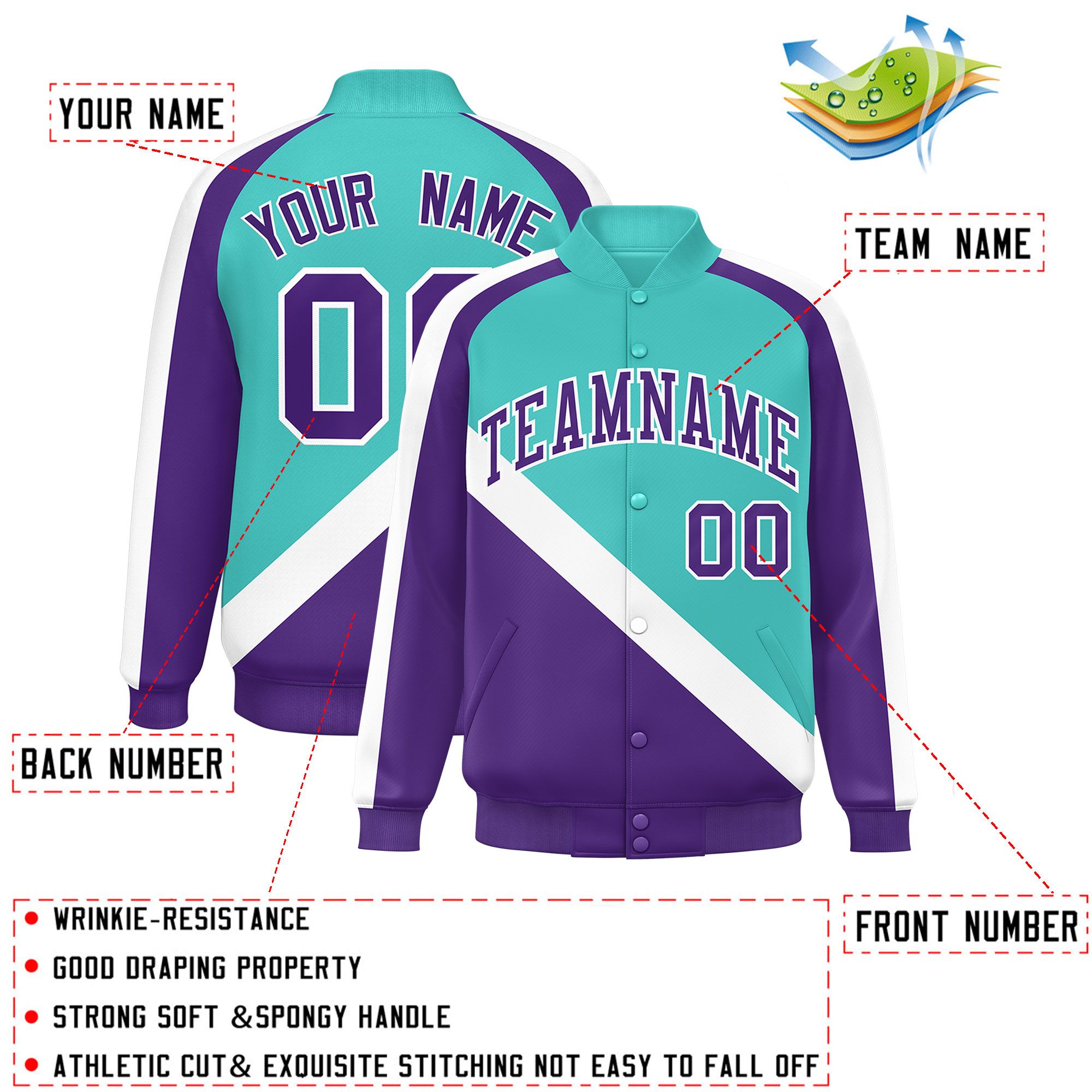 Custom Bright Green Purple Raglan Sleeves Varsity Full-Snap Letterman Baseball Jacket