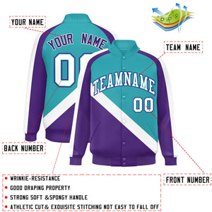 Custom Aqua Purple Raglan Sleeves Varsity Full-Snap Letterman Baseball Jacket