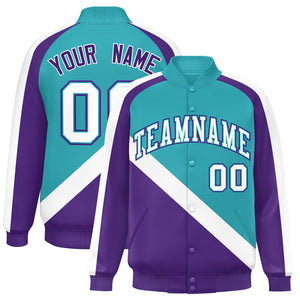 Custom Aqua Purple Raglan Sleeves Varsity Full-Snap Letterman Baseball Jacket