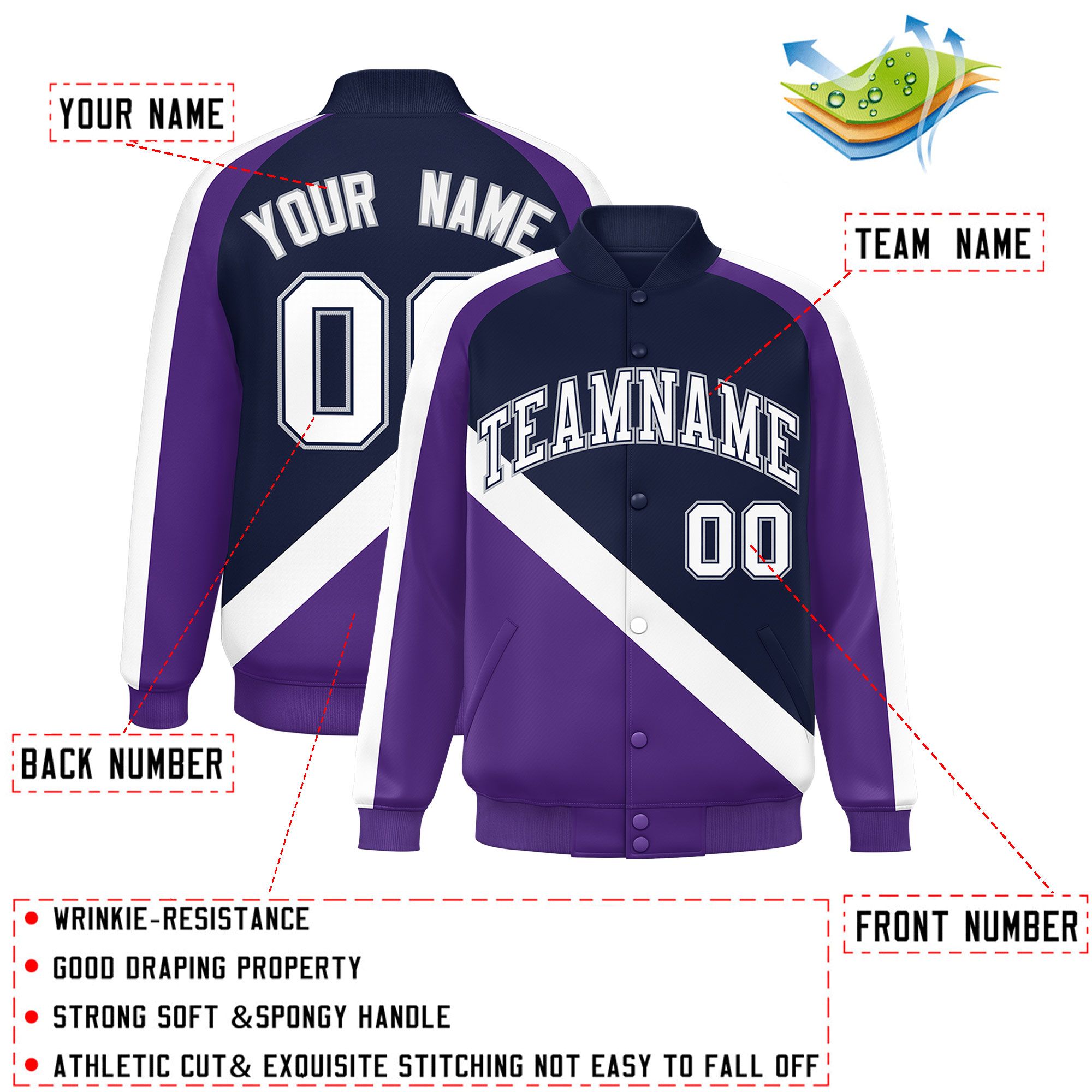 Custom Navy Purple Raglan Sleeves Varsity Full-Snap Letterman Baseball Jacket