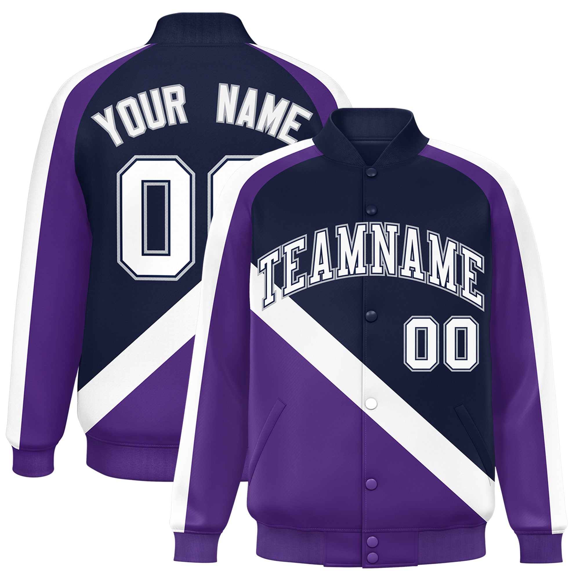 Custom Navy Purple Raglan Sleeves Varsity Full-Snap Letterman Baseball Jacket