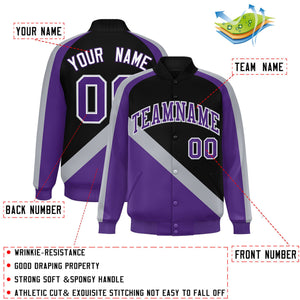 Custom Black Purple Raglan Sleeves Varsity Full-Snap Letterman Baseball Jacket