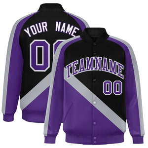 Custom Black Purple Raglan Sleeves Varsity Full-Snap Letterman Baseball Jacket