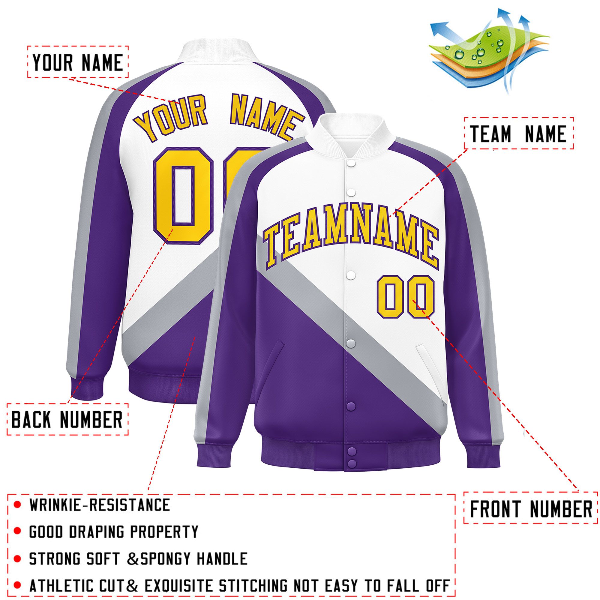 Custom White Purple Raglan Sleeves Varsity Full-Snap Letterman Baseball Jacket