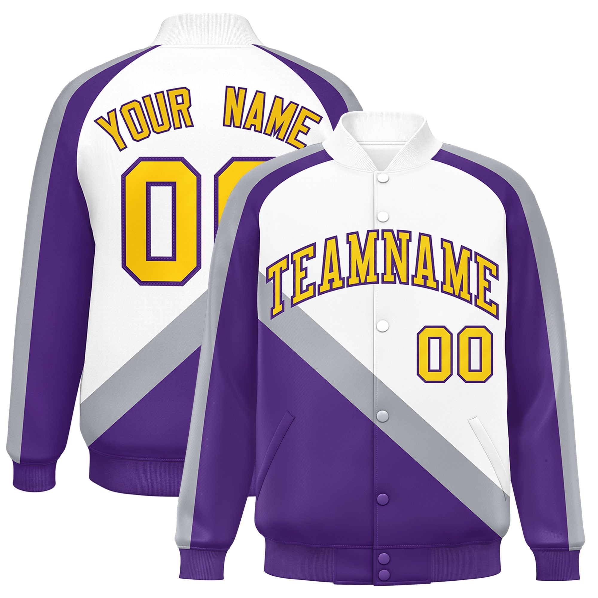 Custom White Purple Raglan Sleeves Varsity Full-Snap Letterman Baseball Jacket