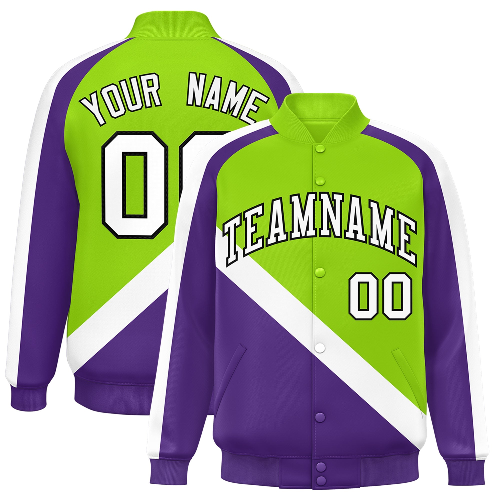 Custom Neon Green Purple Raglan Sleeves Varsity Full-Snap Letterman Baseball Jacket