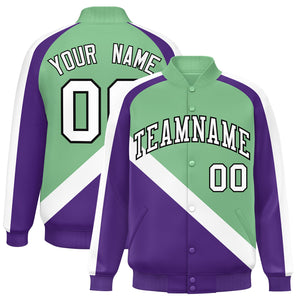 Custom Green Purple Raglan Sleeves Varsity Full-Snap Letterman Baseball Jacket