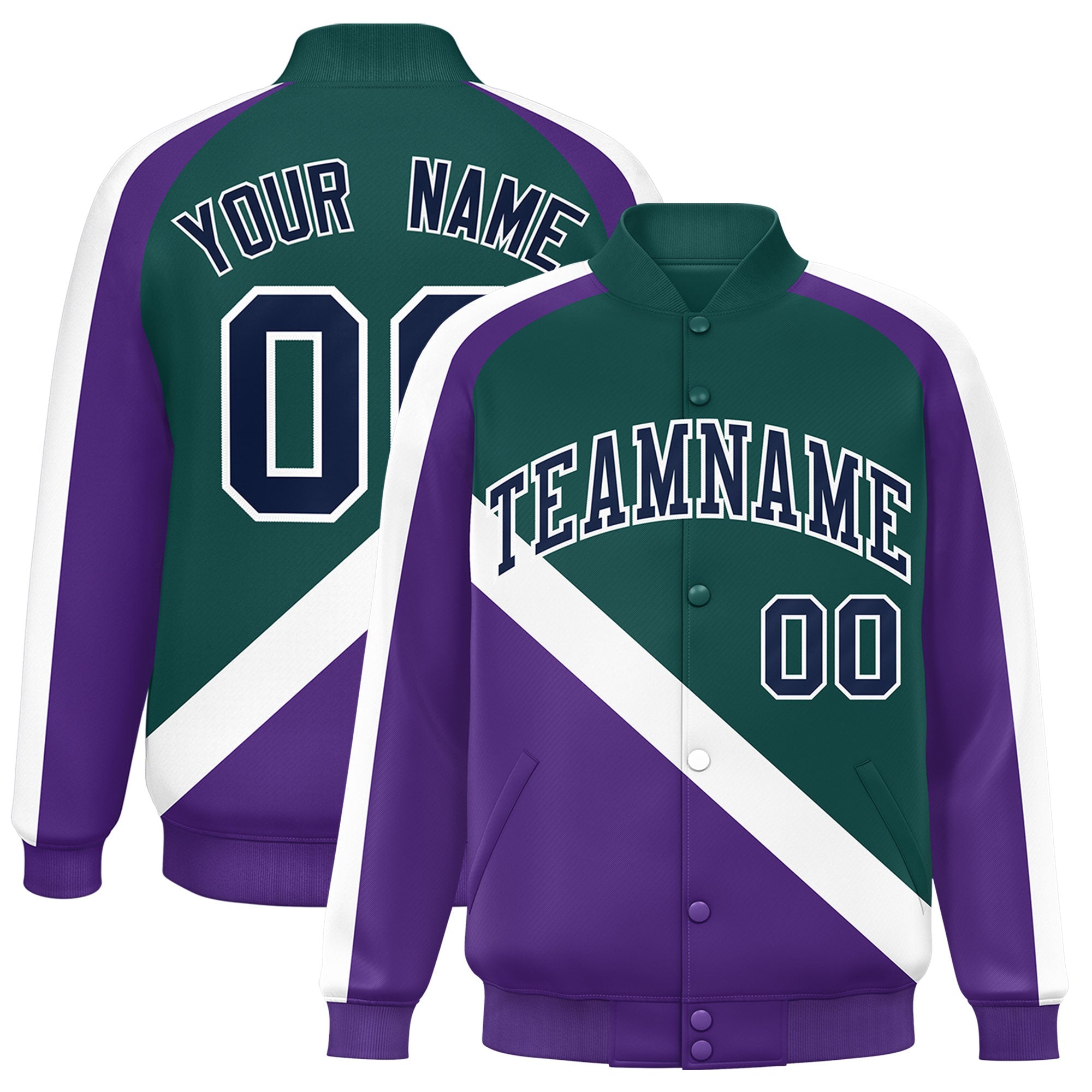 Custom Midnight Green Purple Raglan Sleeves Varsity Full-Snap Letterman Baseball Jacket