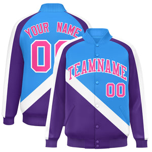 Custom Powder Blue Purple Raglan Sleeves Varsity Full-Snap Letterman Baseball Jacket