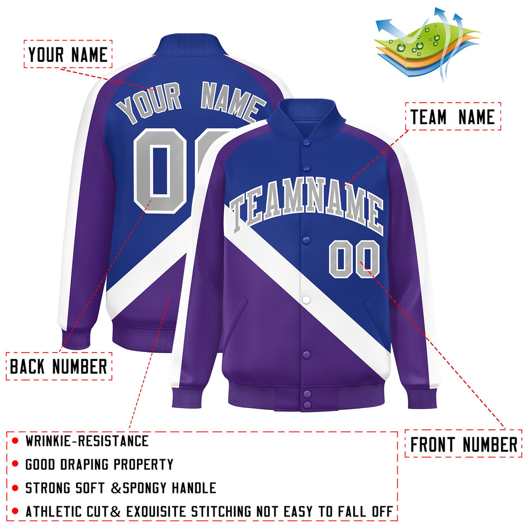 Custom Royal Purple Raglan Sleeves Varsity Full-Snap Letterman Baseball Jacket