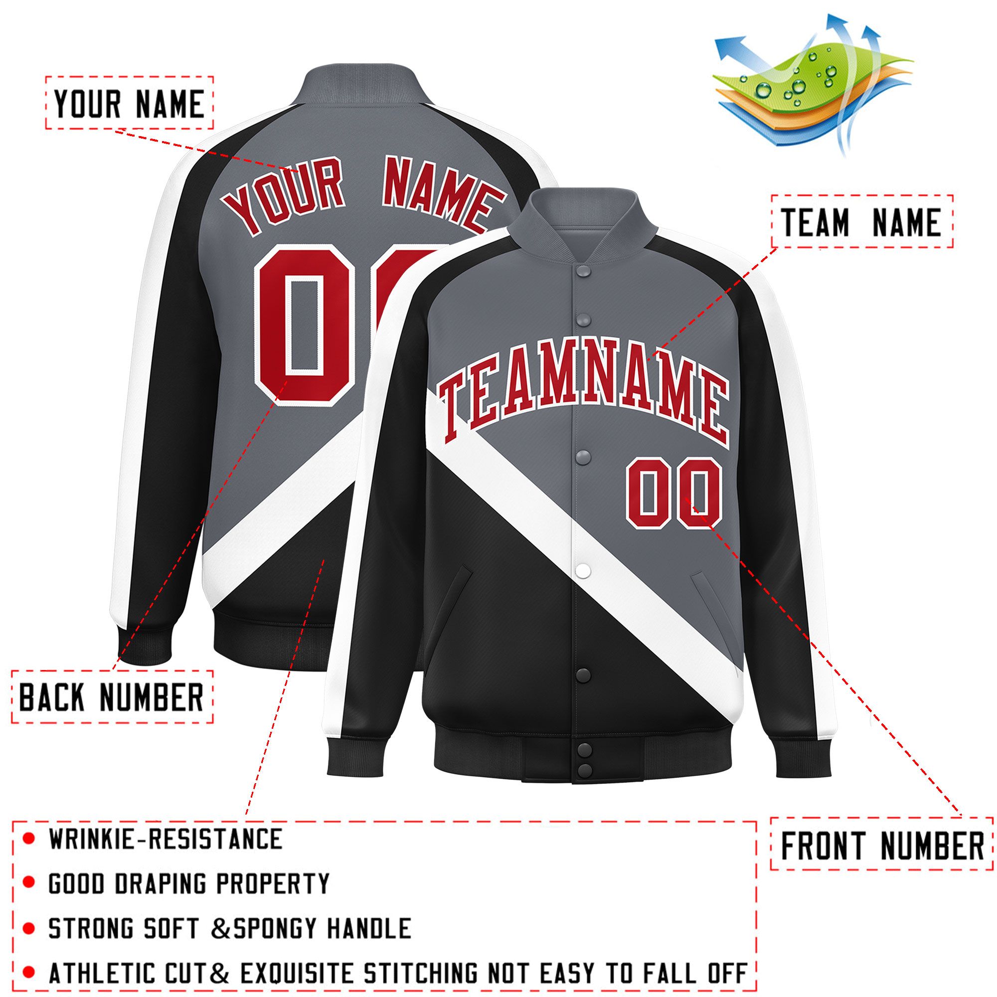 Custom Dark Gray Black Raglan Sleeves Varsity Full-Snap Letterman Baseball Jacket