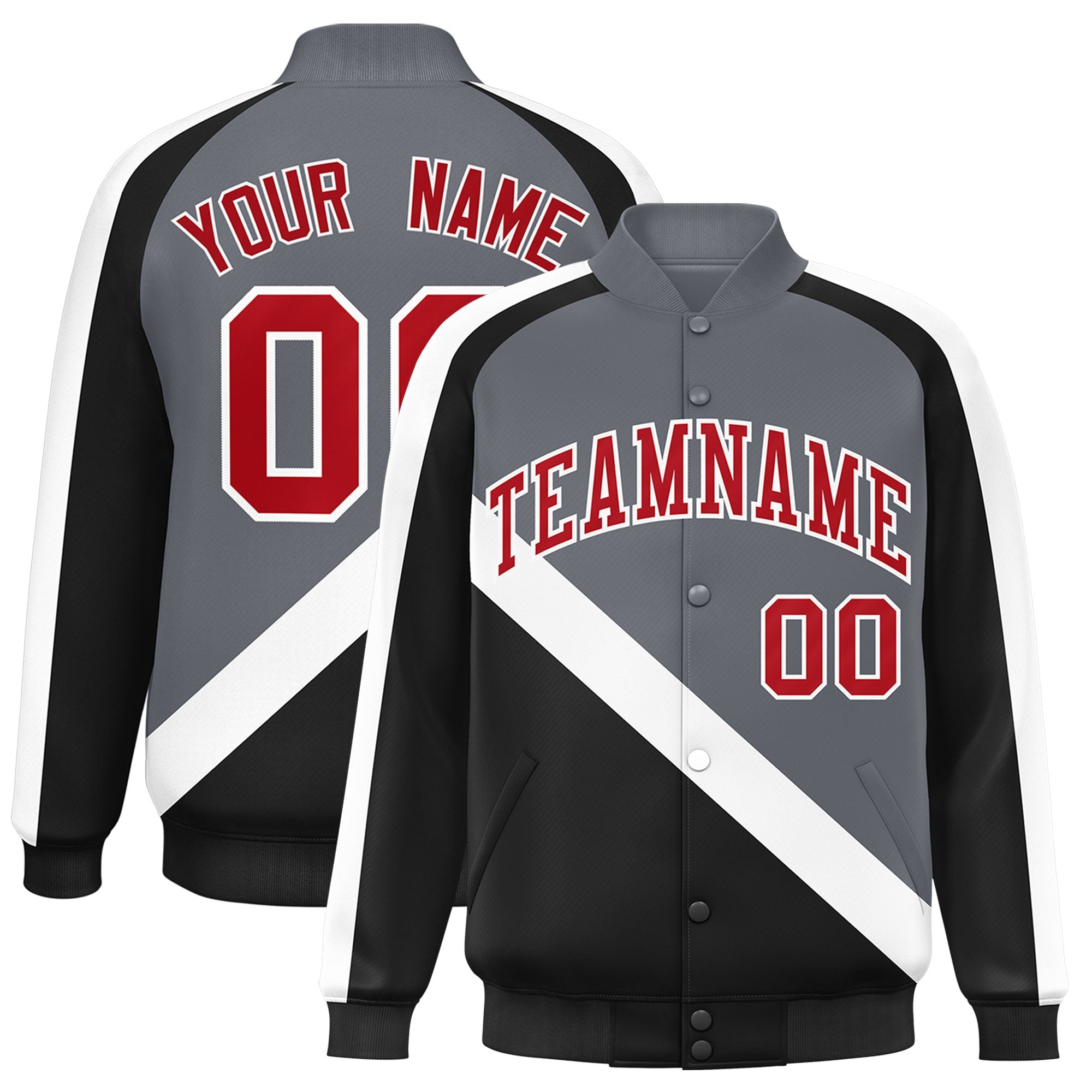 Custom Dark Gray Black Raglan Sleeves Varsity Full-Snap Letterman Baseball Jacket