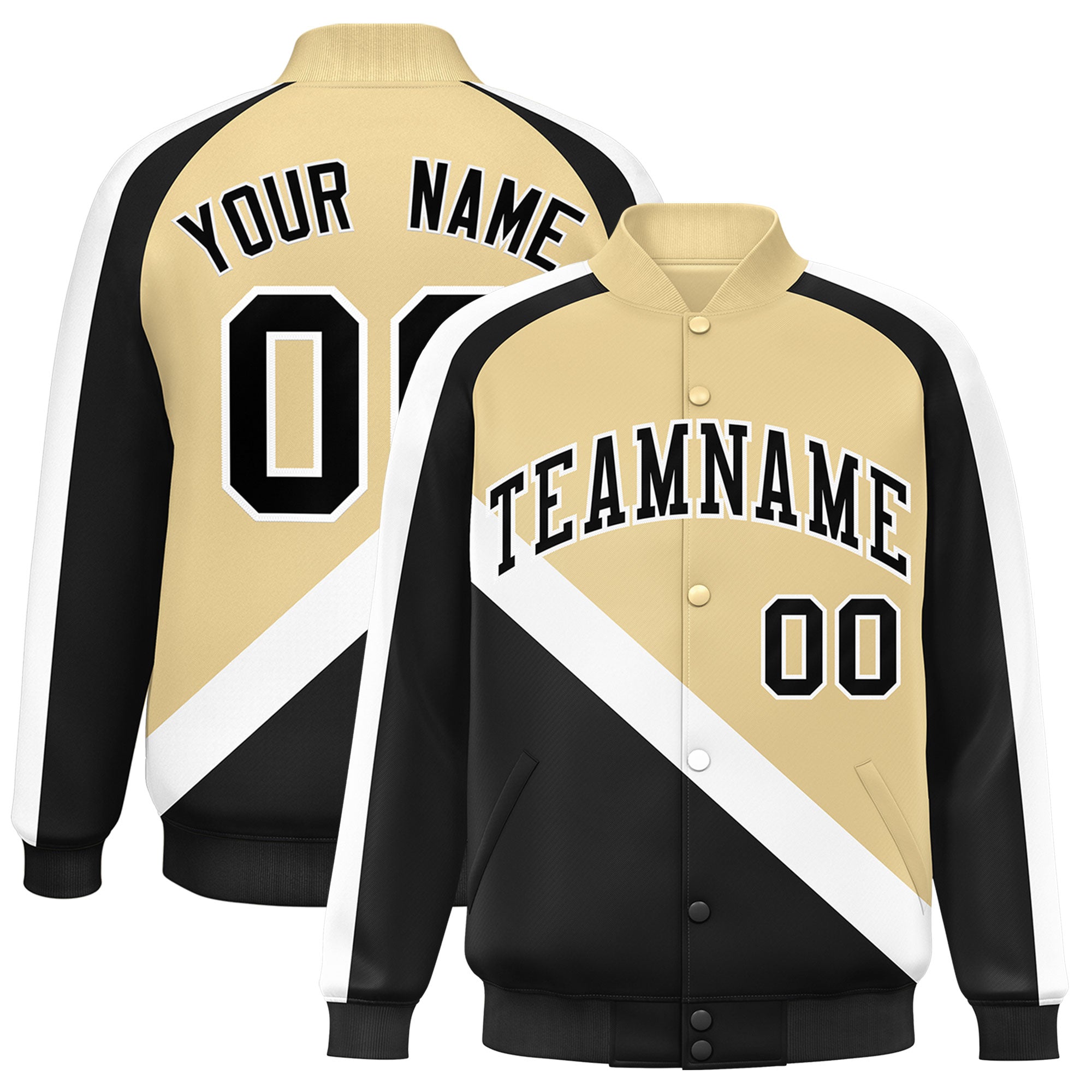 Custom Khaki Black Raglan Sleeves Varsity Full-Snap Letterman Baseball Jacket