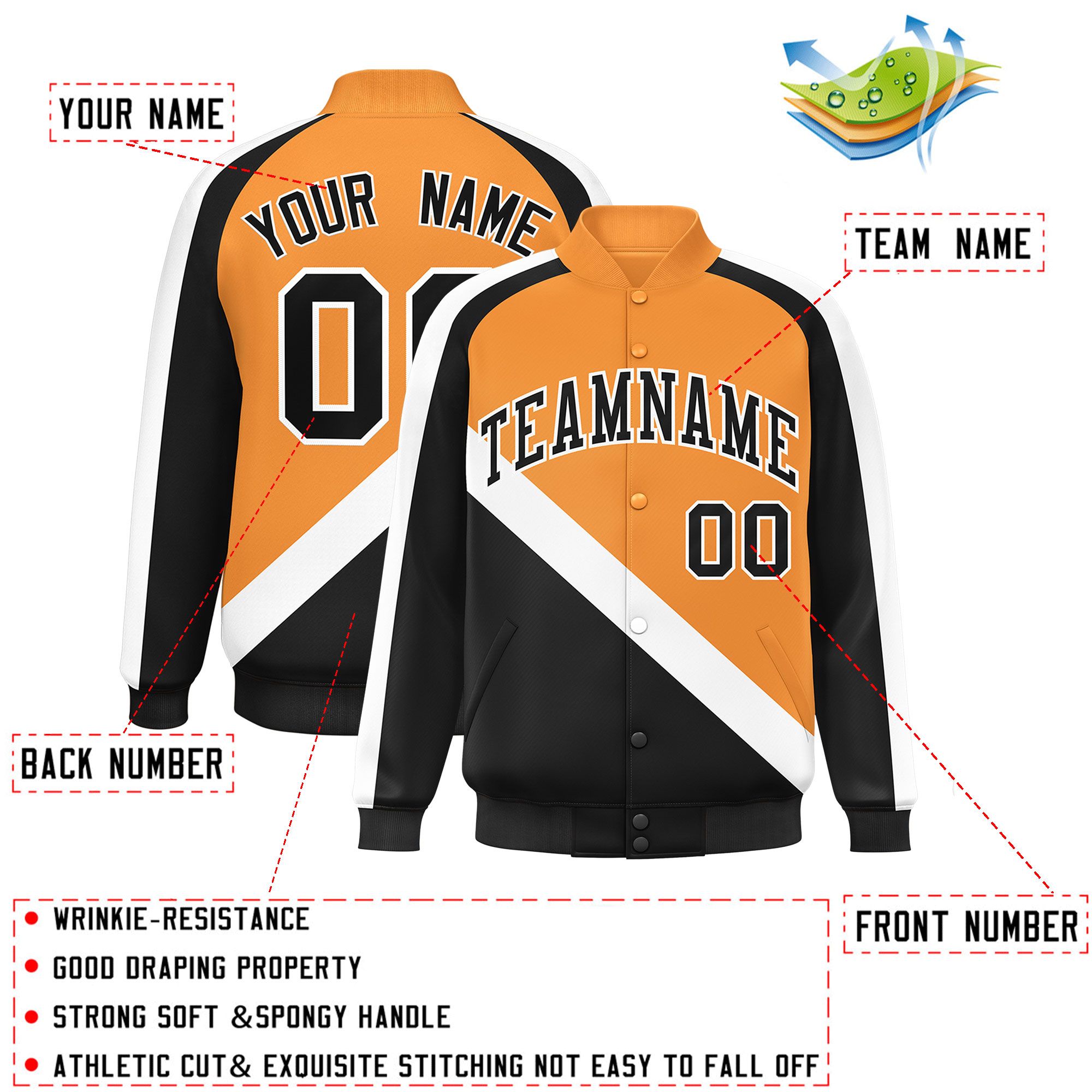 Custom Orange Black Raglan Sleeves Varsity Full-Snap Letterman Baseball Jacket