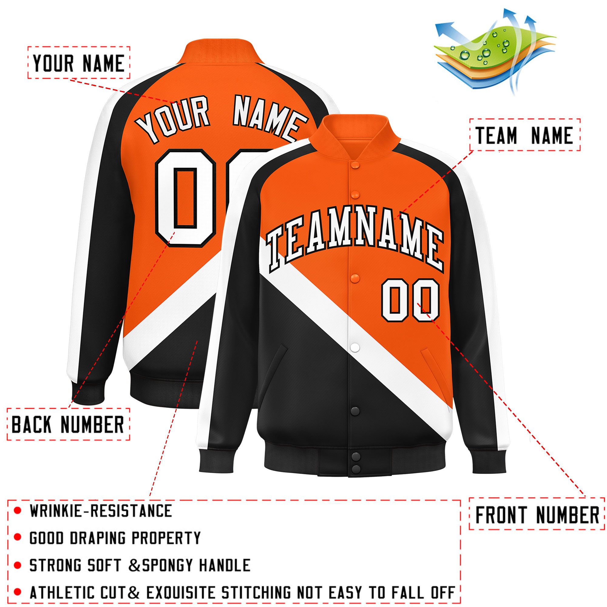 Custom Orange Black Raglan Sleeves Varsity Full-Snap Letterman Baseball Jacket