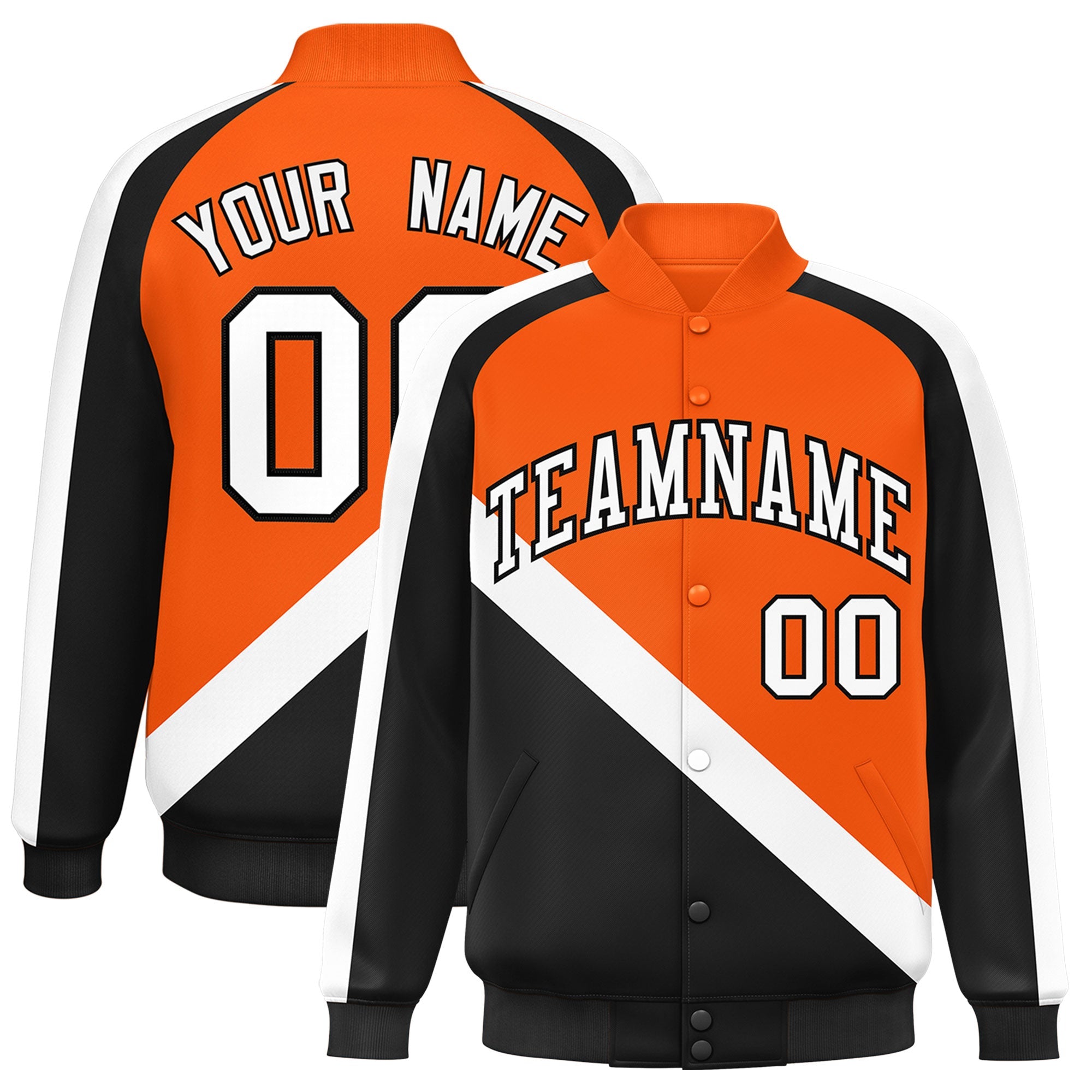 Custom Orange Black Raglan Sleeves Varsity Full-Snap Letterman Baseball Jacket